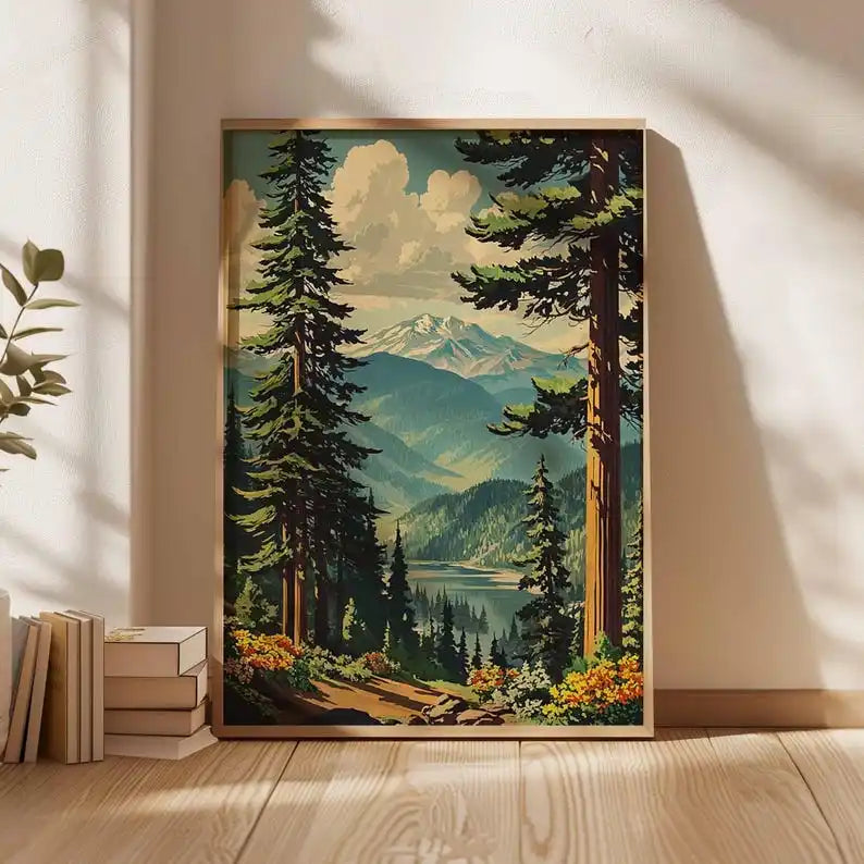 tableau toile paysage montagneux arbres fleurs lac vintage décoration salon chambre erotique naturelle sans