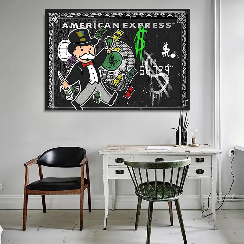 toile d'art impression graffiti pop argent rouge dollars monopoly sans cadre decoration mur chambre