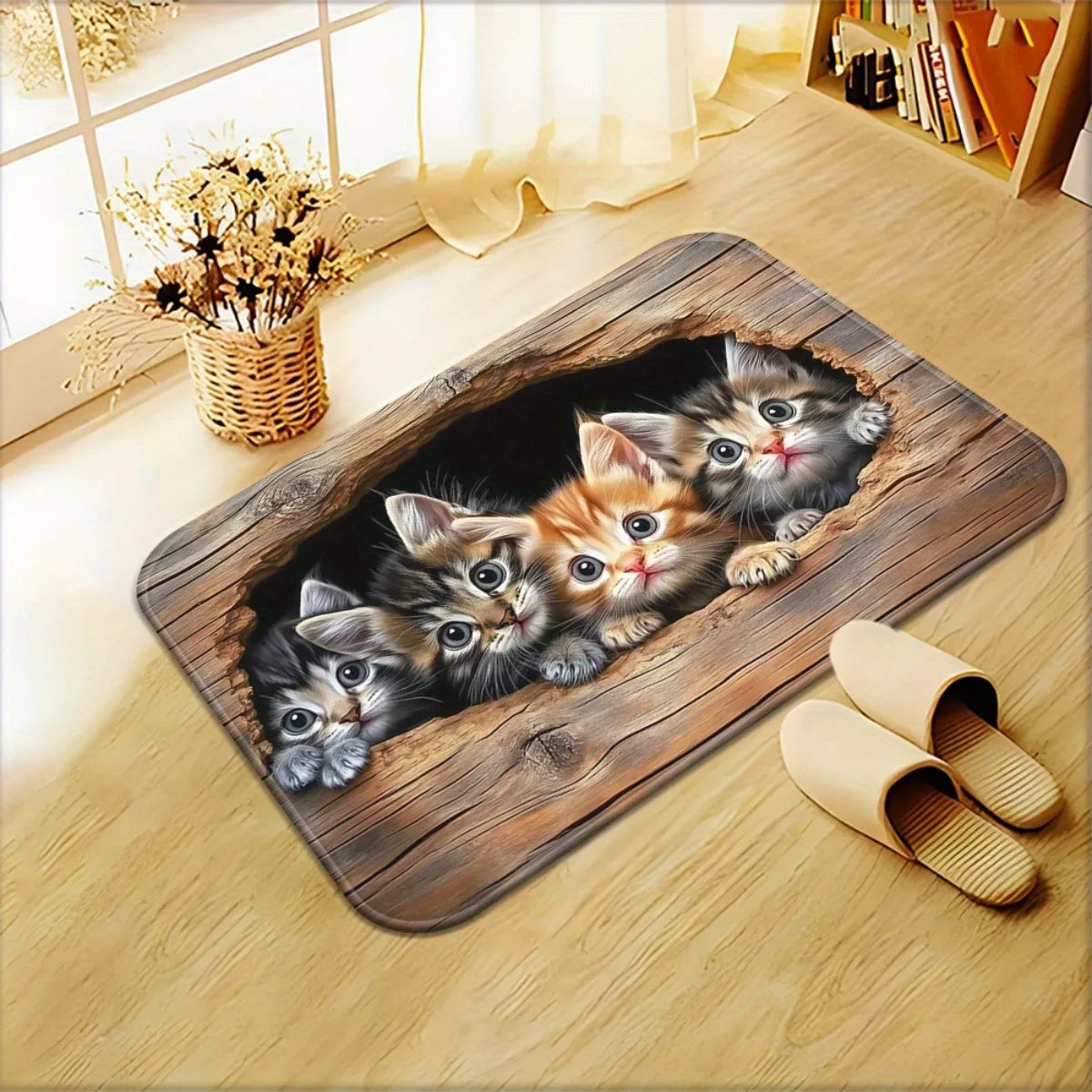 tapis moderne chatons trou bois multicolore antidérapant intérieur salon chambre