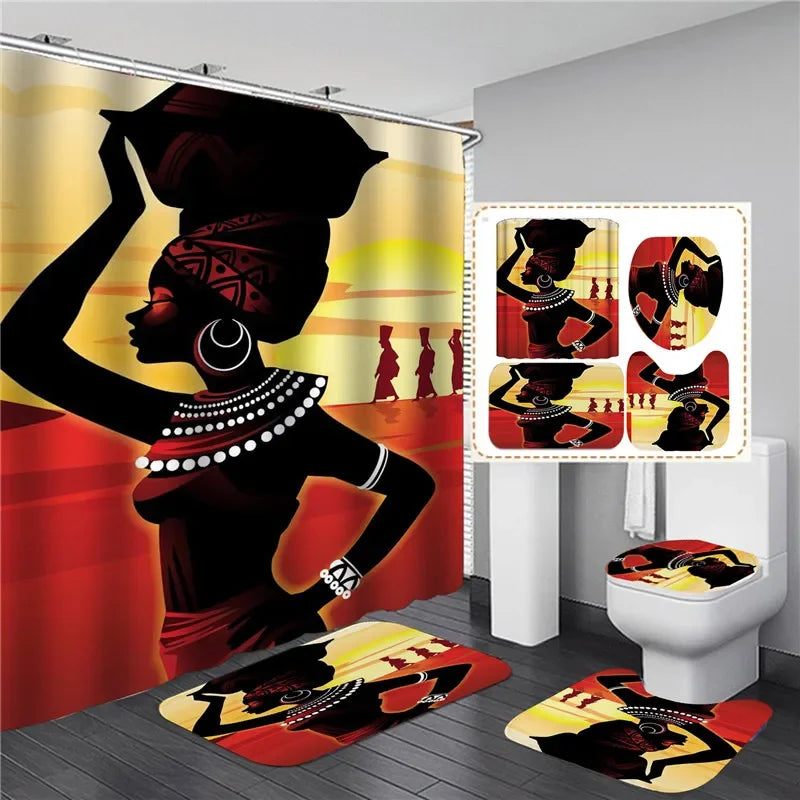 Rideaux colorés avec des motifs de peinture d'art moderne représentant une femme africaine, ajoutant une touche de style à une salle de bain contemporaine avec une toilette et un siège de toilette blancs.
