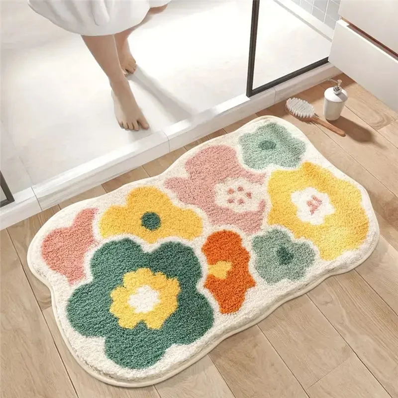 tapis bain fleurs colorées coton doux moderne blanc vert jaune orange rose bleu adhésif