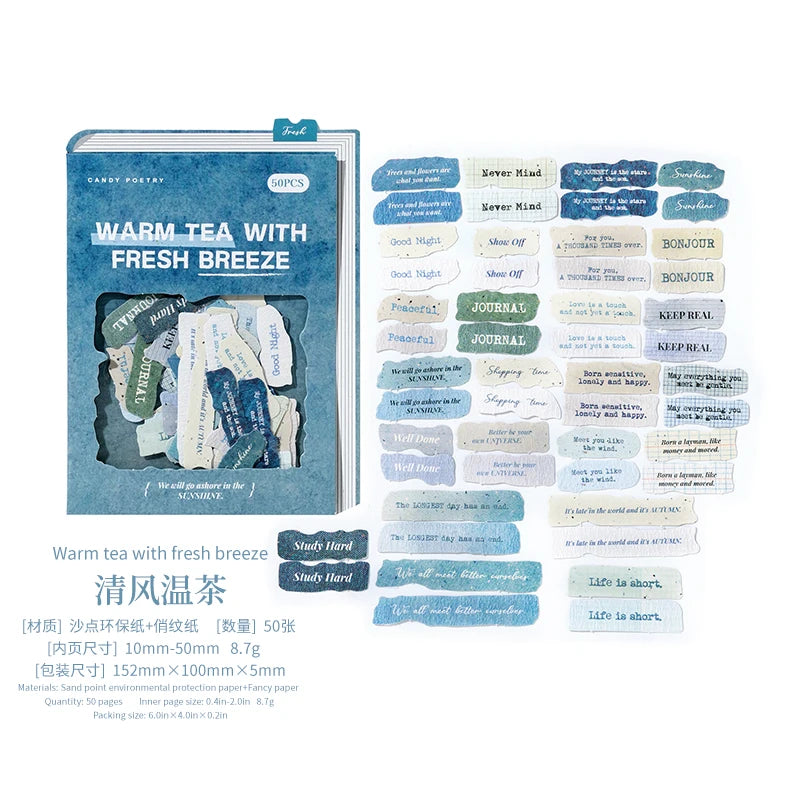 autocollants vintage citations textes manuscrits bleu gris beige vert marron rose blanc papier froissé