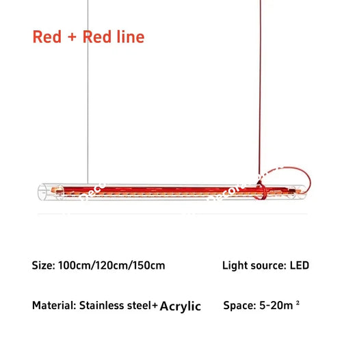 lampe suspension linéaire led rouge transparente moderne cylindre long salon cuisine restaurant