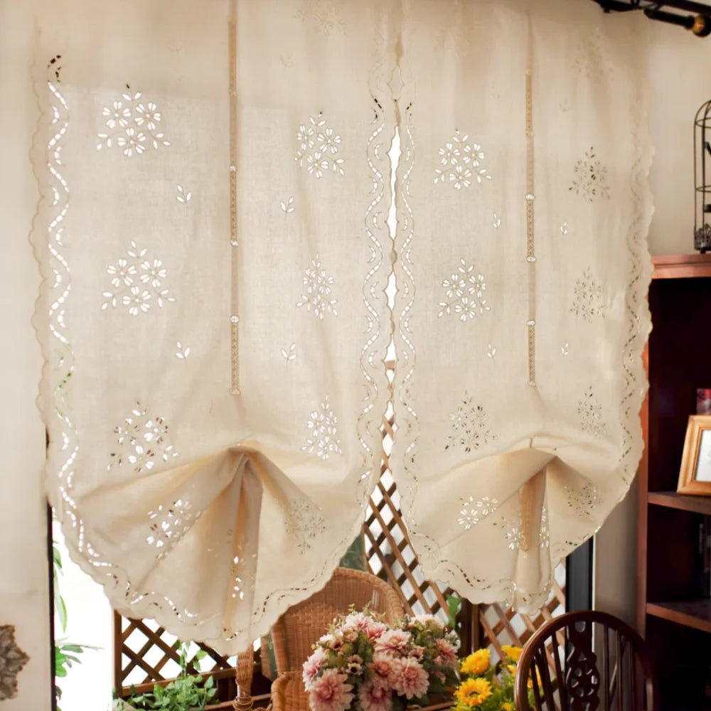 rideau roman brodé floral coton pastoral semi transparent chambre salon