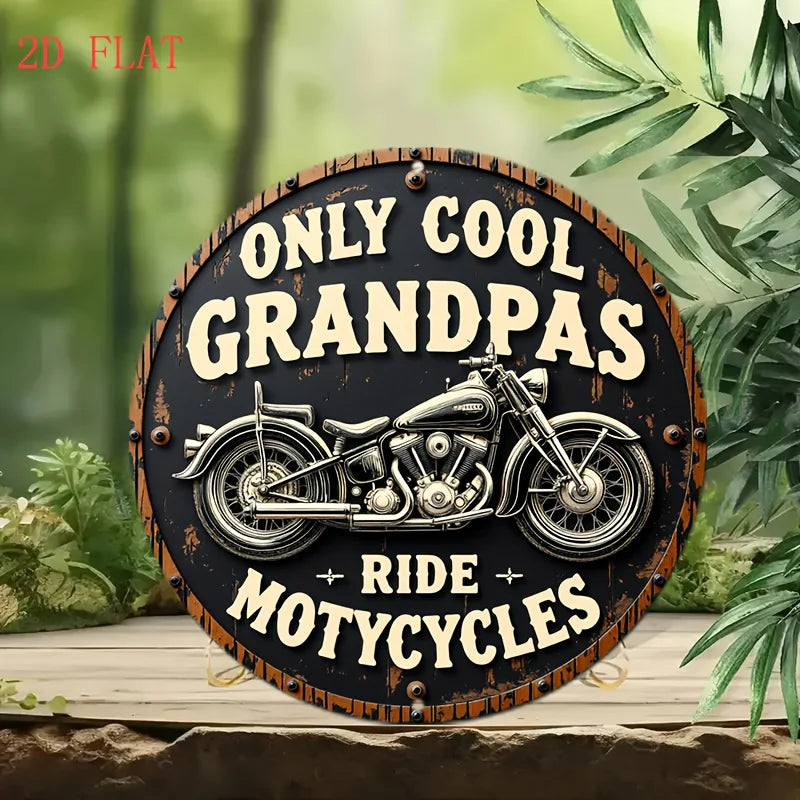 décoration murale plaque métal moto vintage texte humoristique cool grandpas ride opacité totale.texture boisée