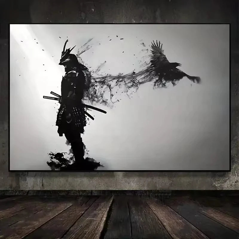 peinture toile samouraï corbeau japonais noir blanc contemporain sans cadre vertical salon decoration