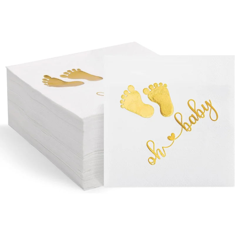 serviettes papier cocktail or empreintes pieds oh baby festif pliées table événement festive