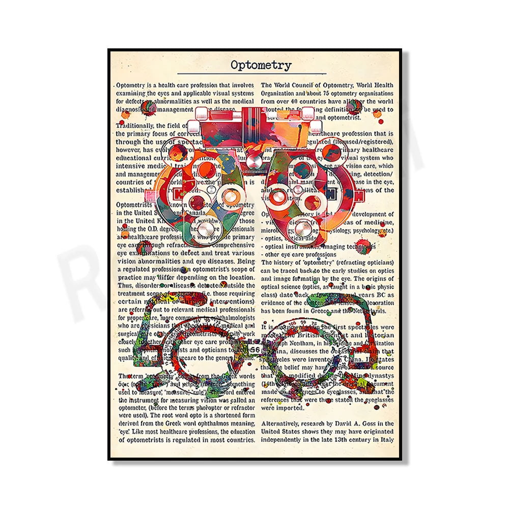 Affiche détaillée sur l'optométrie, expliquant cette profession de santé qui implique l'examen des yeux et le traitement des anomalies visuelles, ainsi que l'histoire de cette discipline.