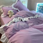 ensemble literie princesse housse couette dentelle volants fleurs blanc bleu violet chambre fille
