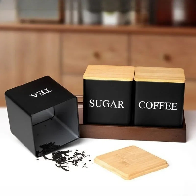 boîtes rangement sucre thé bambou noir blanc couvercle métal minimaliste respectueux environnement