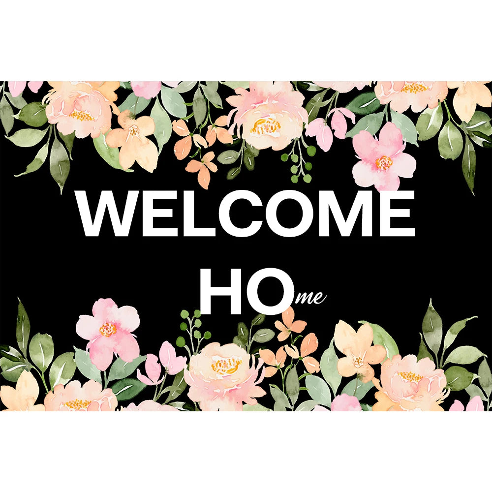 tapis d'entrée floral antidérapant résistant antibactéries moderne noir rose vert bienvenue