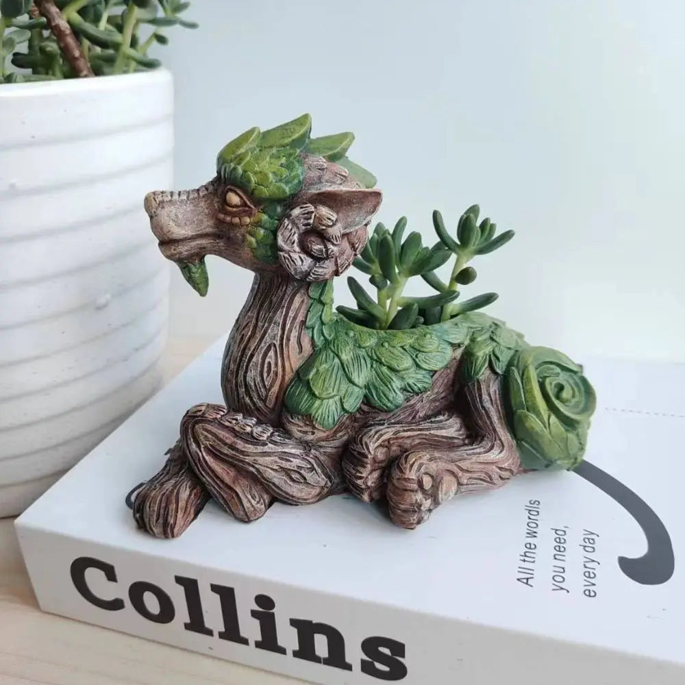 jardinière résine dragon succulentes pot fantaisie texture bois verte marron