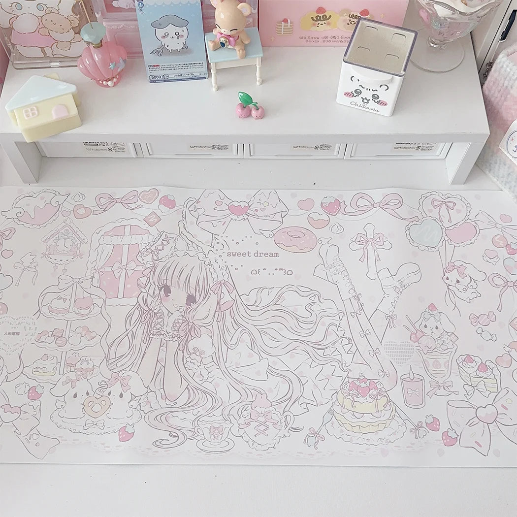 tapis illustration fille mignonne gâteaux coeurs blanc rose pastel doux