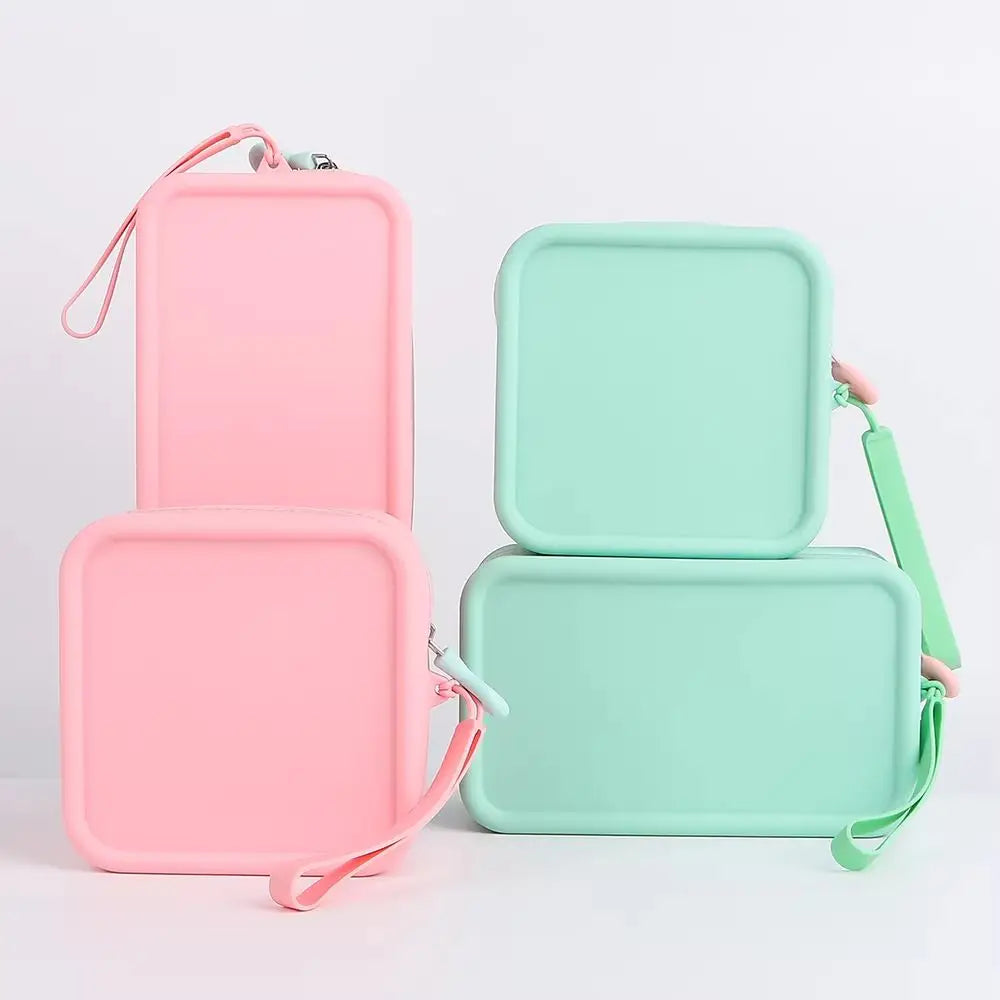 boîte rangement silicone pliable multi usages respectueux environnement moderne cordon ajustable beige violet rose