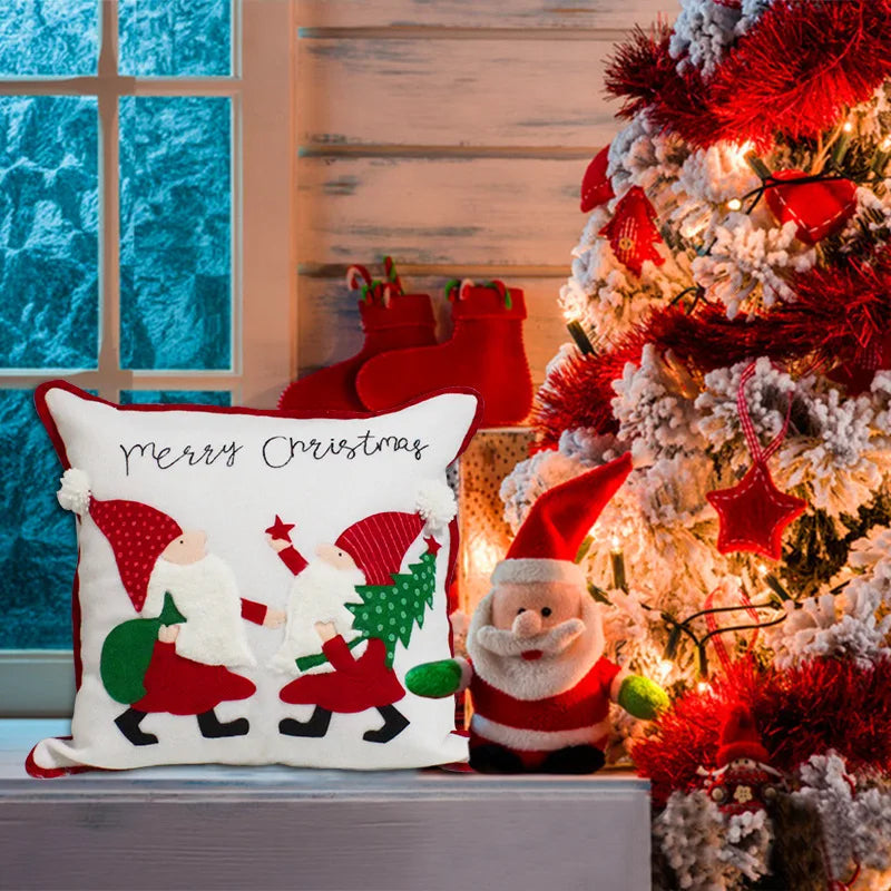 coussin carré noel brodé lutins sapins rouge blanc amovible lavable coton polyester 45x45 cm