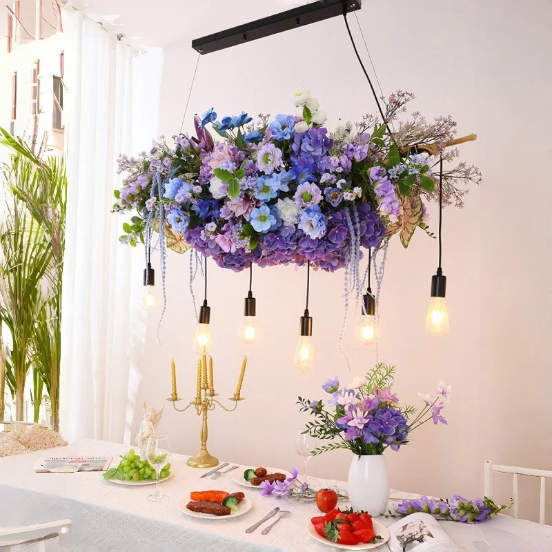 suspension lumineuse moderne violet fleurs artificielles chaîne noire led guirlande interrupteur tactile 2000lm