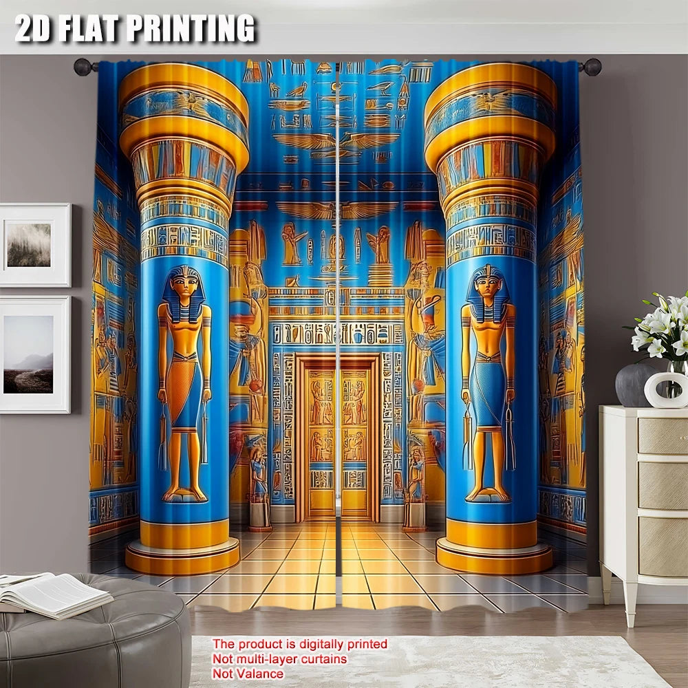 rideau égyptien traditionnel bleu jaune motifs hiéroglyphes classique opacité chambre salon