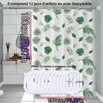 rideau douche feuilles tropicales blanc vert moderne opacité respectueux environnement cintres inoxydables