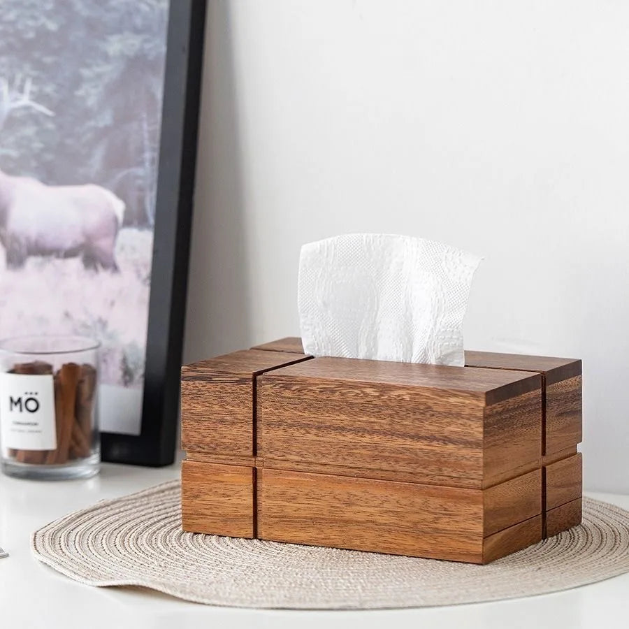 boîte mouchoirs bois marron moderne minimaliste tissu amovible grain naturel salon
