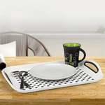plateau service alimentaire plastique noir blanc gris perforations moderne minimaliste assiettes couverts