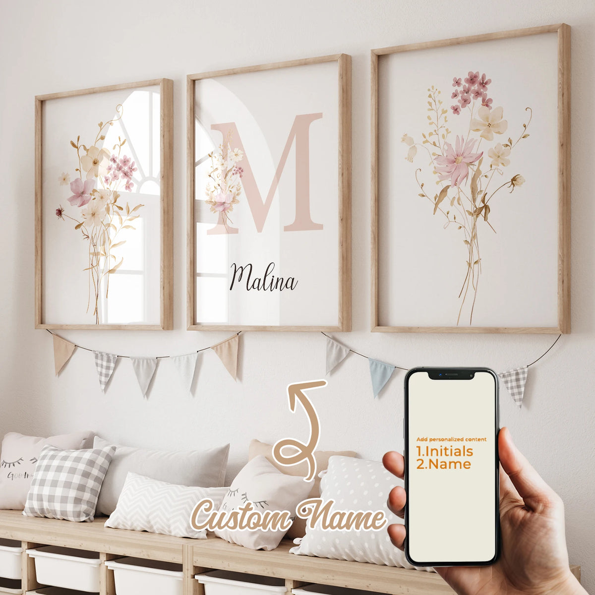 affiches personnalisables motif floral minimaliste moderne rose clair beige blanc salon maison