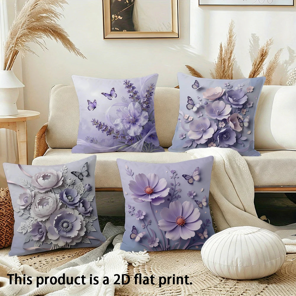 taies d'oreiller violet fleurs papillons moderne polyester 45x45cm zipper closure décoration chambre coucher maison
