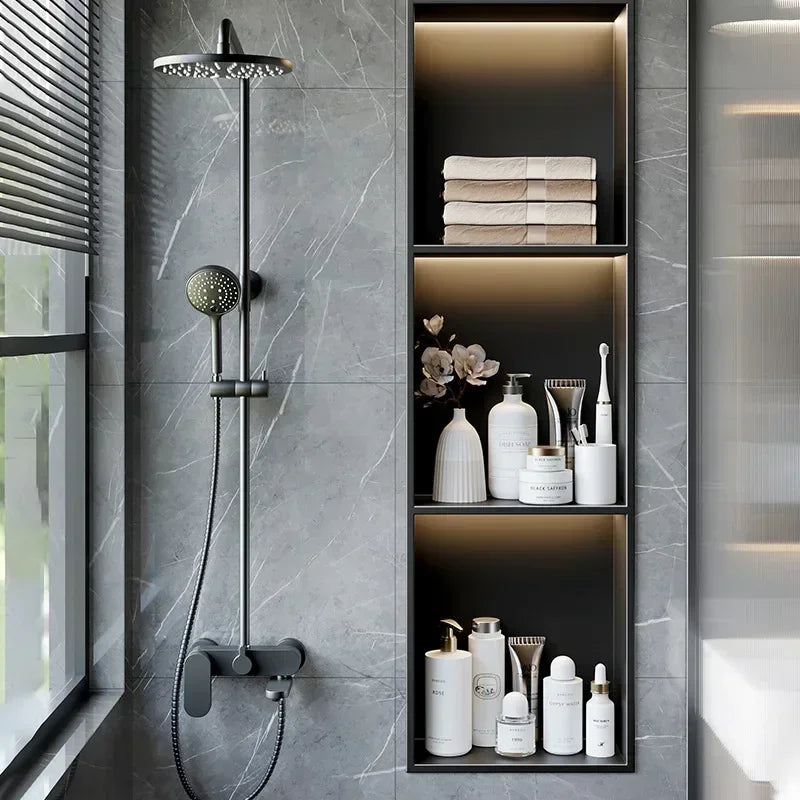 étagère murale salle bain noire moderne acier inoxydable produits cosmétiques serviettes