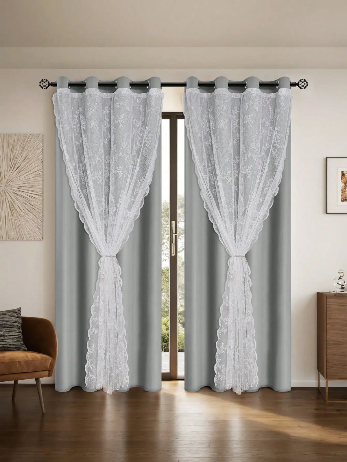 rideau brodé classique polyester translucide blanc gris 100x130cm anneaux