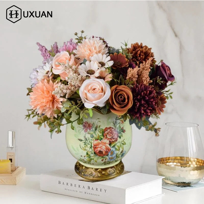 bouquet fleurs artificielles vintage intérieur décoration maison rouge blanc rose orange marron