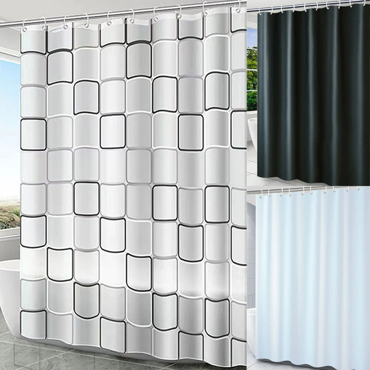 rideau douche moderne blanc motif carrés noirs respectueux environnement opaque