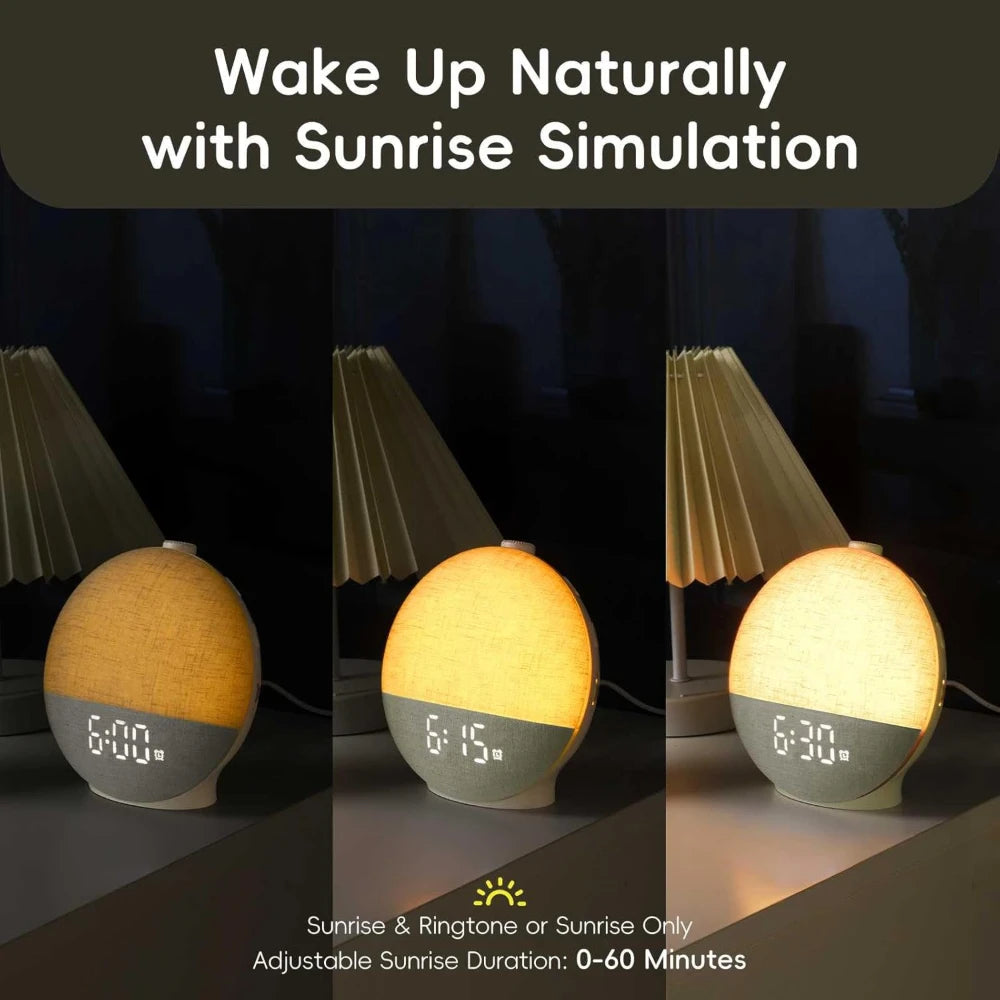 lampe d'ambiance moderne blanc gris tissu sons apaisants affichage numérique bluetooth wake up light