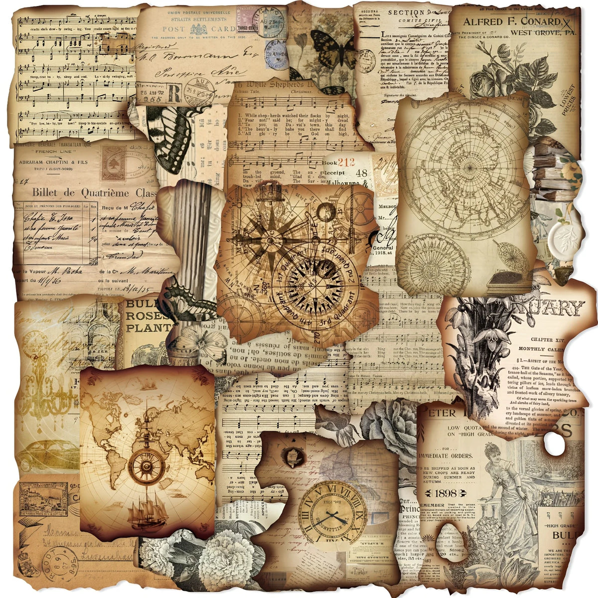 autocollants vintage marron motifs floraux horloges cartes postales papillons texte ancien scrapbooking bricolage diy