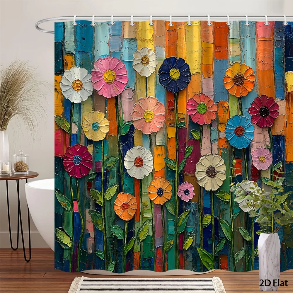 rideau douche moderne floral multicolore métalliques texturé fleurs stylisées 180x180cm opaque