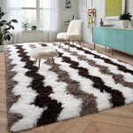 tapis moderne rayures zigzag blanc marron salon chambre doux polyester lavable repousse saleté sans