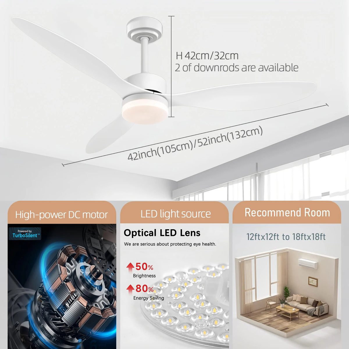ventilateur moderne blanc led réversible télécommande 52 pouces adjustable silencieux