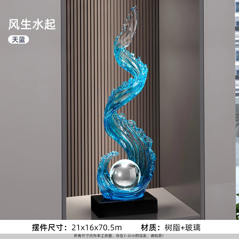sculpture résine bleue vague moderne décoration intérieure entrée salon cadeau anniversaire nouvel an