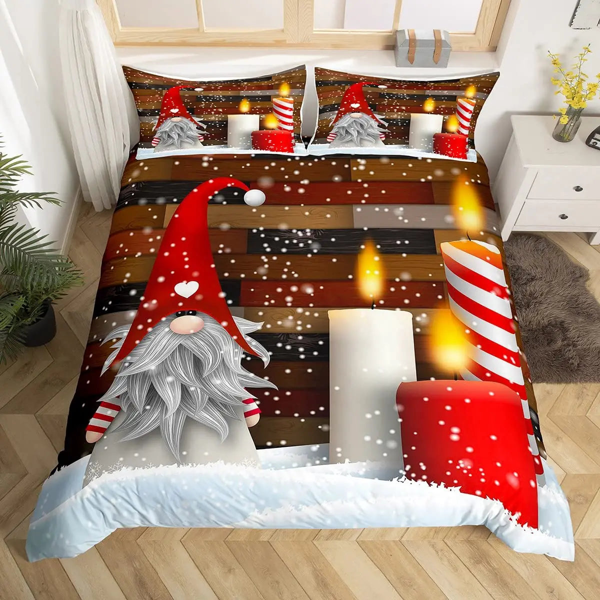 Housse de couette bleue avec motifs de flocons de neige et gnomes