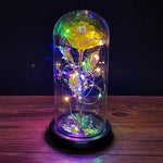 veilleuse led rose artificielle cloche verre éclairage couleur variée base noire