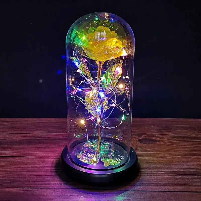 veilleuse led rose artificielle cloche verre éclairage couleur variée base noire
