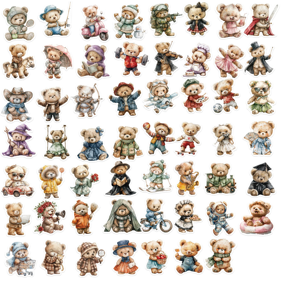stickers ours dessin animé waterproof beige marron bleu vert rouge noir blanc illustrations enfants