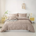 ensemble literie boho beige motif feuilles tissu brossé couvre lit taies oreiller double simple