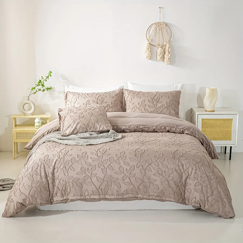 ensemble literie boho beige motif feuilles tissu brossé couvre lit taies oreiller double simple