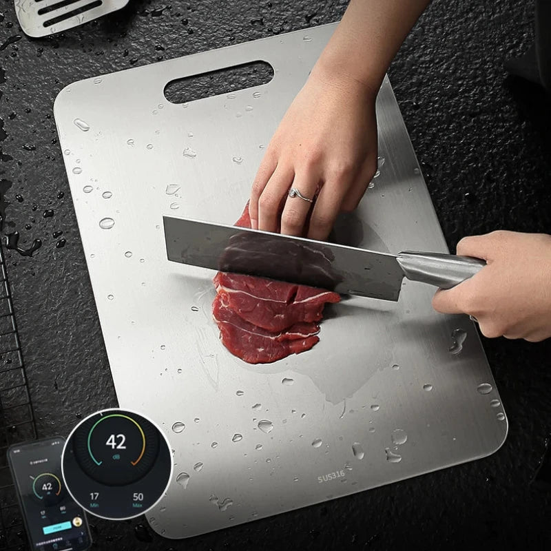 planches découper acier inoxydable rectangle moderne lisse poignée intégrée cuisine utilitaire argenté