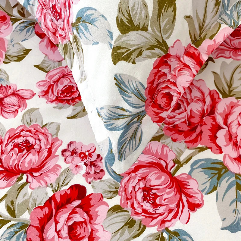 taies d'oreiller polyester fleurs roses feuilles vertes classique blanc rose vert gris