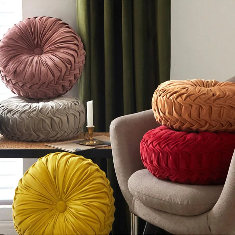 coussin rond plissé velours polyester fibre massage couleur rose gris moderne