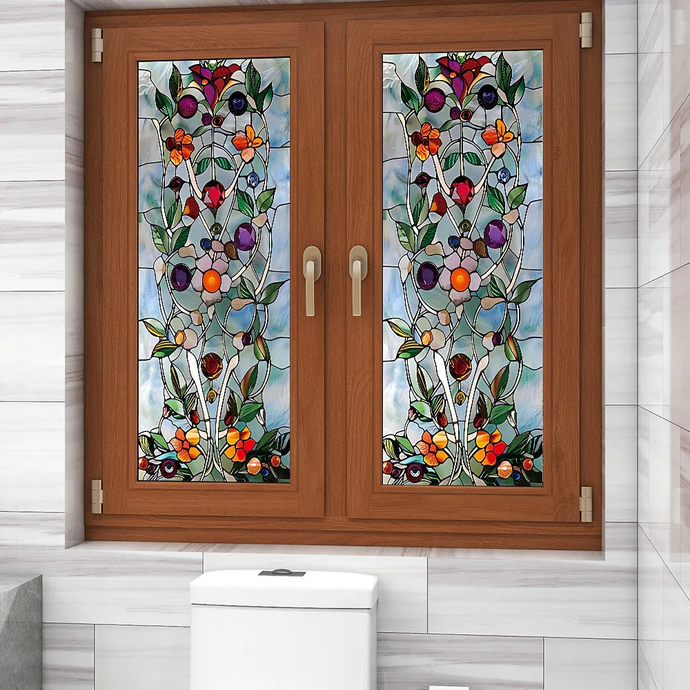 film décoratif fleurs feuilles multicolore adhésif opacité art deco vitrail maison fenêtre 45cm 90cm