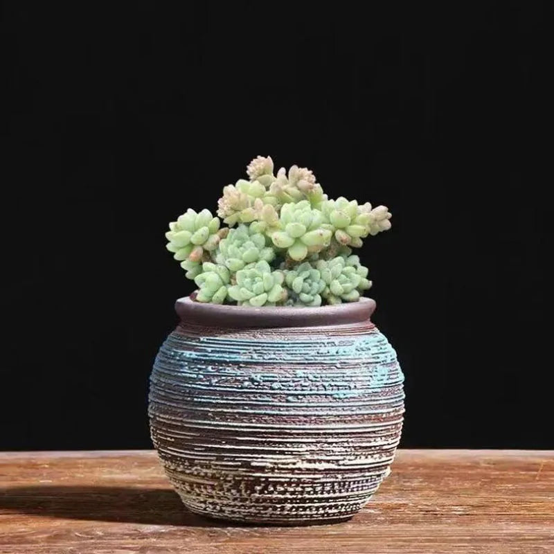 pots fleurs céramique glaçure abstraite bleu rose marron rustique plante verte artisanat