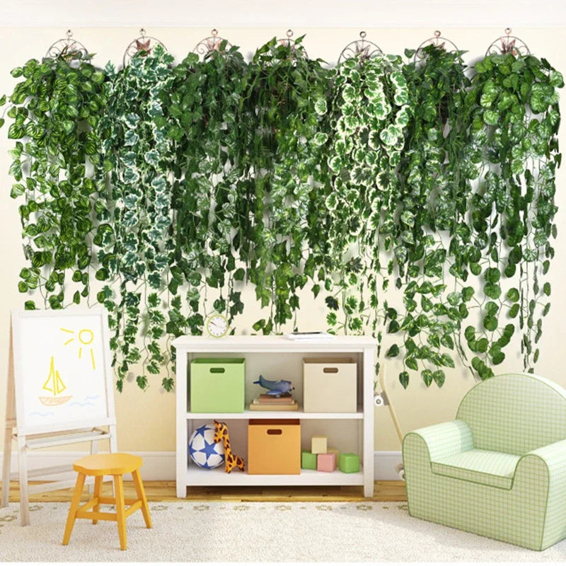 plantes artificielles suspendues feuilles ovales vigne moderne anneaux métalliques extérieur intérieur decoration