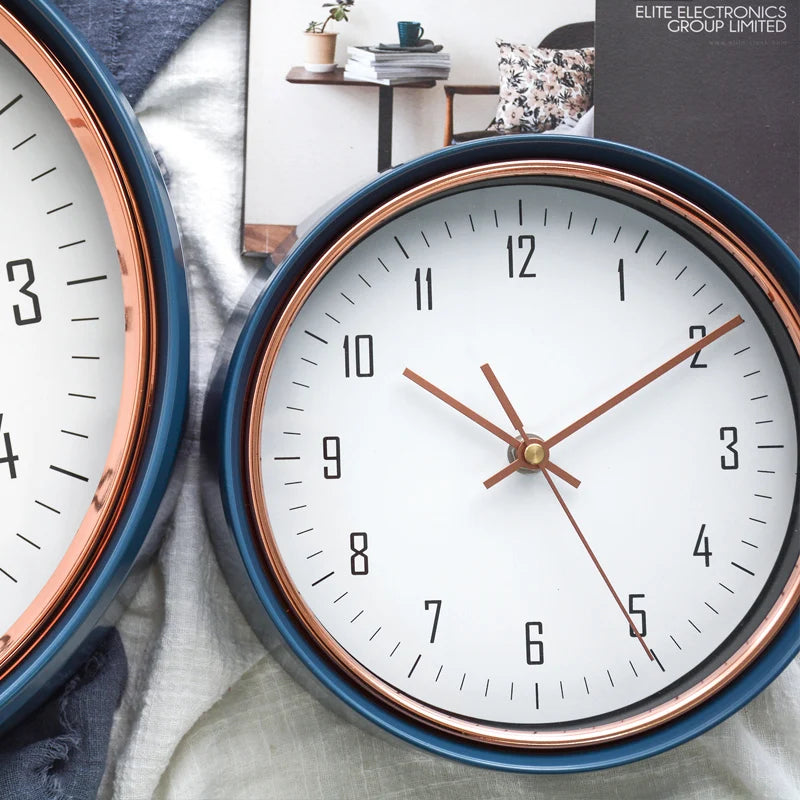 horloge murale moderne métal aiguille quartz bleu cuivre salon decoration
