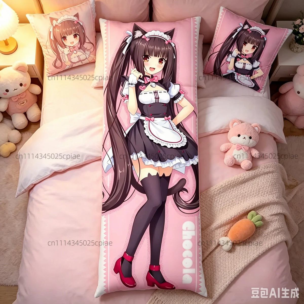 coussin long anime servante chats oreilles rose clair noir illustration fond uni lit polyester